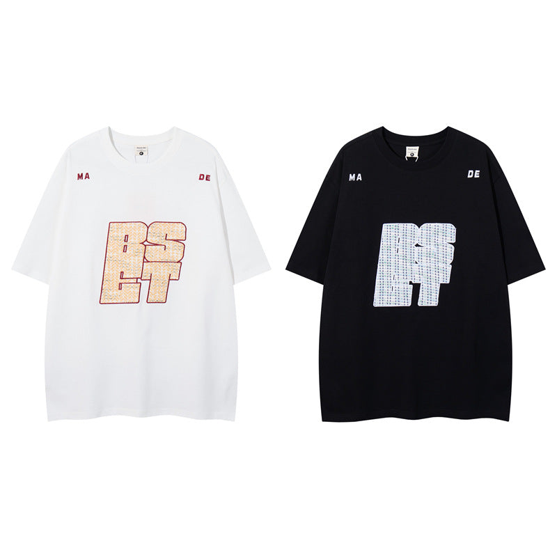 Y2K mens shirt embroidered letter round neck short-sleeved shirt