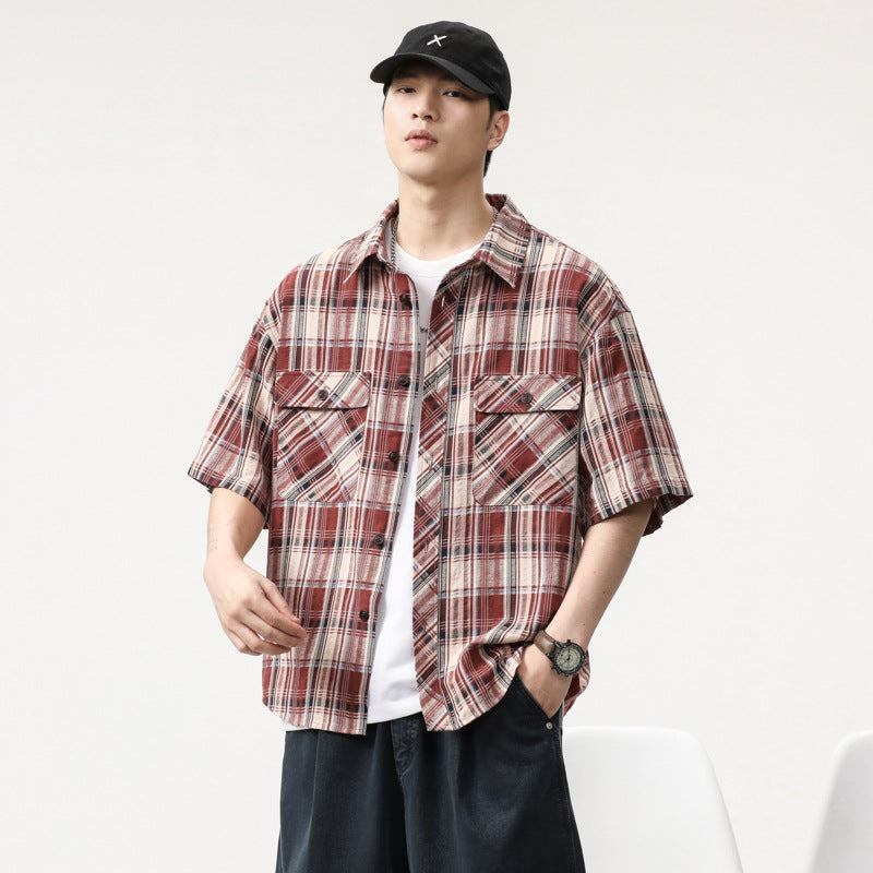 Mens T-shirts Plaid Short Sleeve Shirt Summer Loose