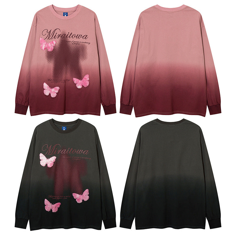 Vintage T Shirts Hip Hop retro gradual change wash water do old long sleeve T-shirt loose butterfly embroidered top