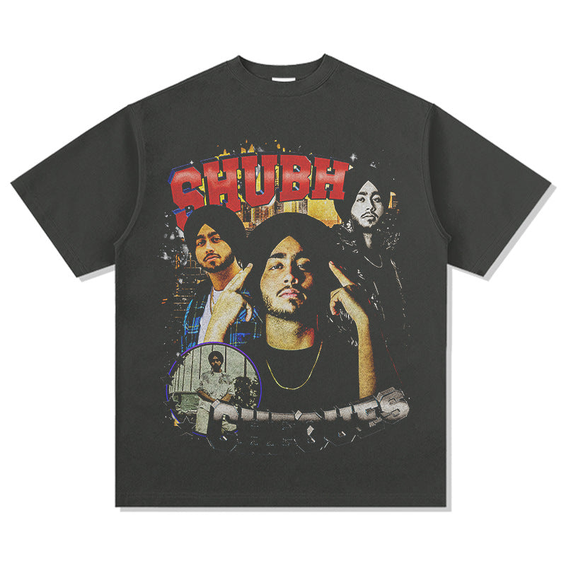 Streetwear masculino vintage hip hop Shubh print short sleeve t-shirt
