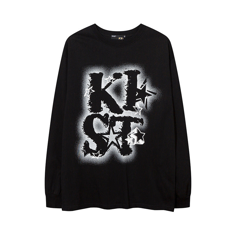 Vintage T Shirts Hip Hop Letter Print Loose Casual Long Sleeve T-Shirt