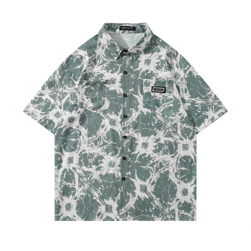 Y2K mens shirt retro loose casual short-sleeved tie men's shirt