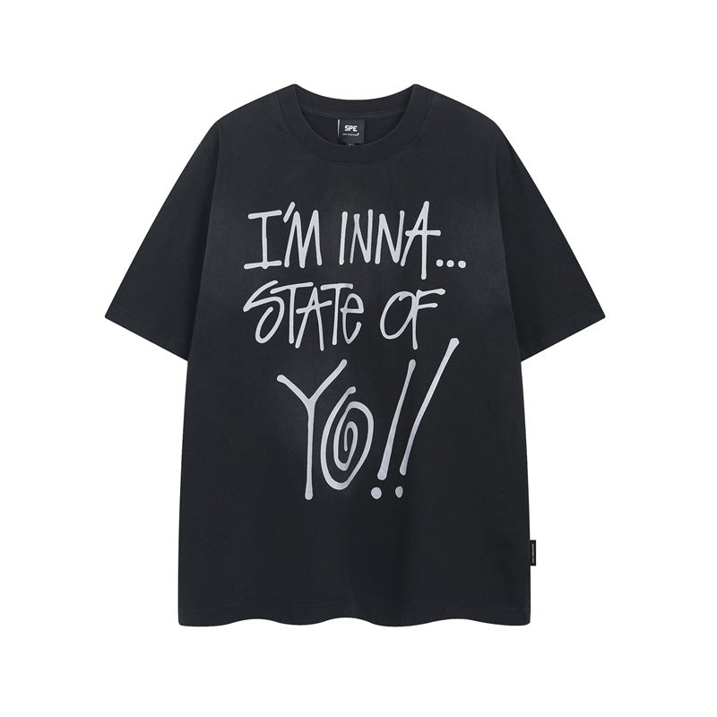 Y2K mens shirt washed loose and old letter question mark printed crew neck T-shirt