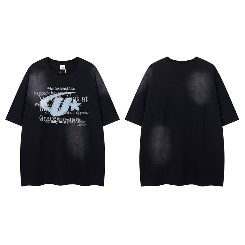 Y2K mens shirt retro printed washed old short sleeve T-shirt