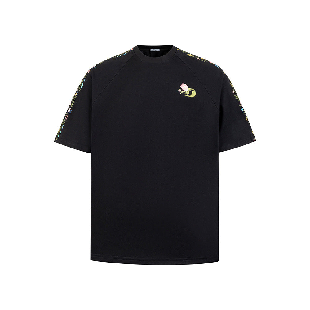 New York Hip Hop Style Floral Embroidery Short Sleeve T-Shirt Loose Casual