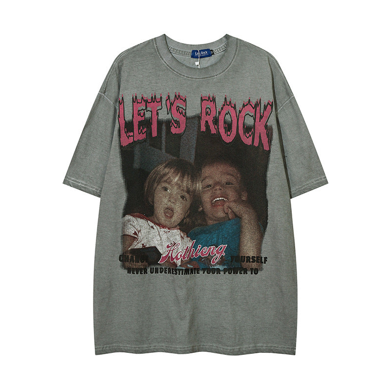 Vintage T Shirts Hip Hop Vintage Washed Old Character Print Short Sleeve T-Shirt