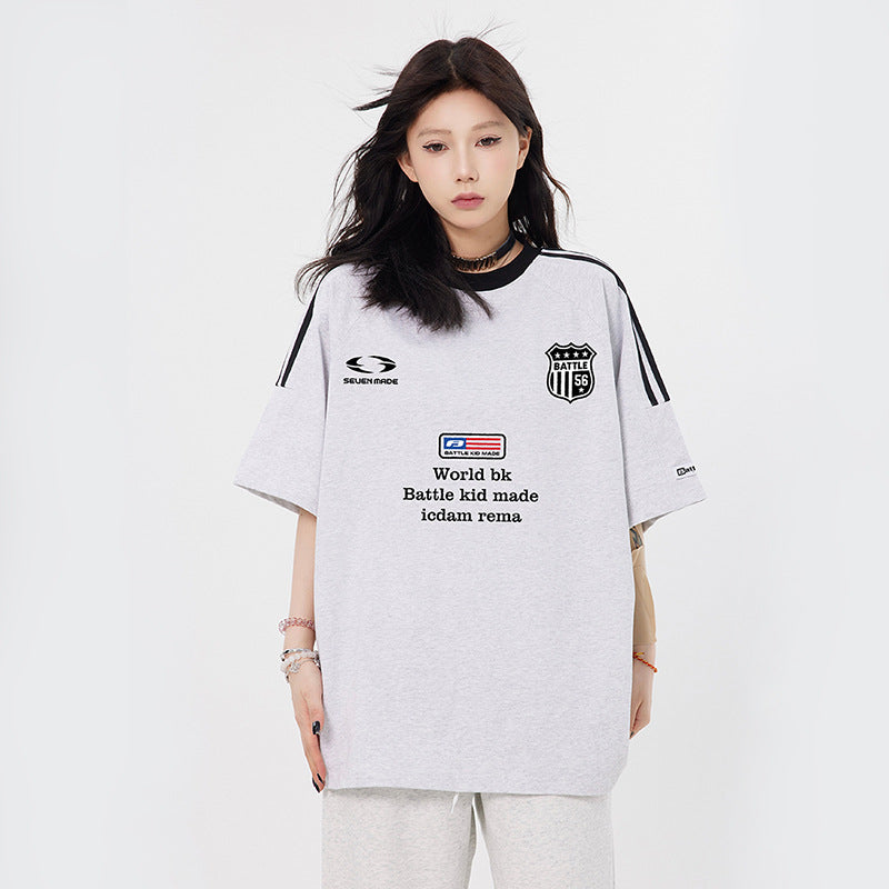 Vintage T Shirts Hip Hop Letter Embroidered Webbing Short Sleeve T-Shirt
