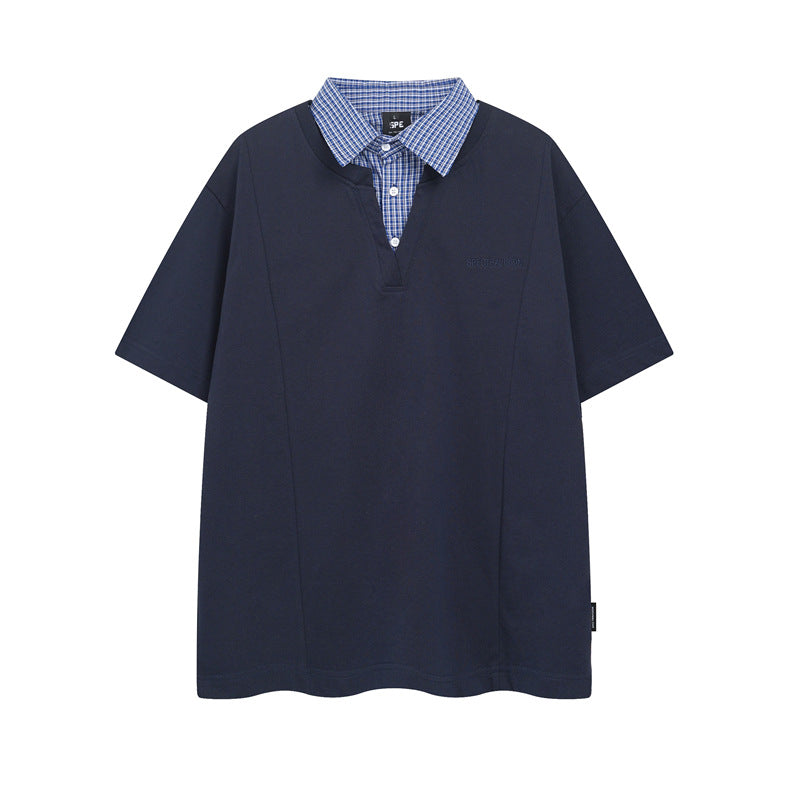 Y2K mens shirt retro sports style denim neck splicing embroidered polo shirt