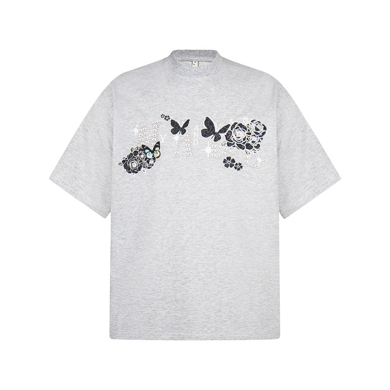 Casual Street Wear Vintage Butterfly Pattern Short Sleeve T-Shirt Crew Neck Loose Casual