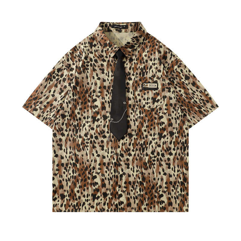 Y2K mens shirt leopard print short sleeve shirt