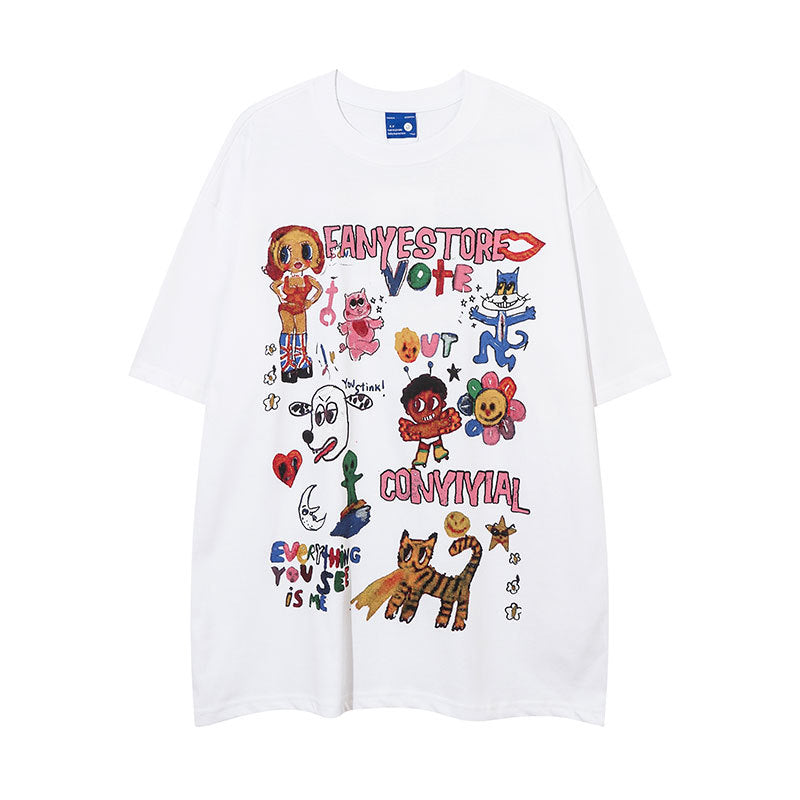 Vintage Tišö Rt Vintage Cartoon Printed Couple T-Shirt
