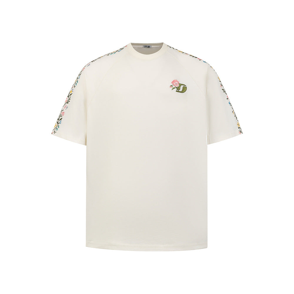 New York Hip Hop Style Floral Embroidery Short Sleeve T-Shirt Loose Casual