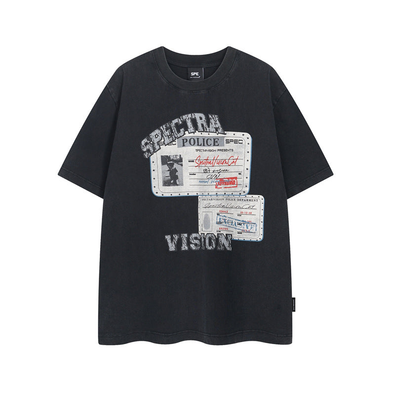 Y2K mens shirt washed screen print watermark white T-shirt