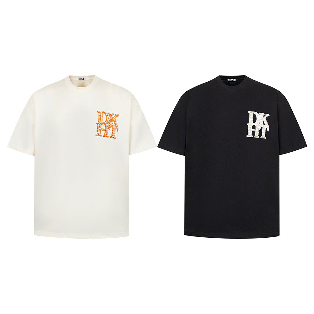 New York Hip Hop Style Pearl Embroidered Short Sleeve T-Shirt