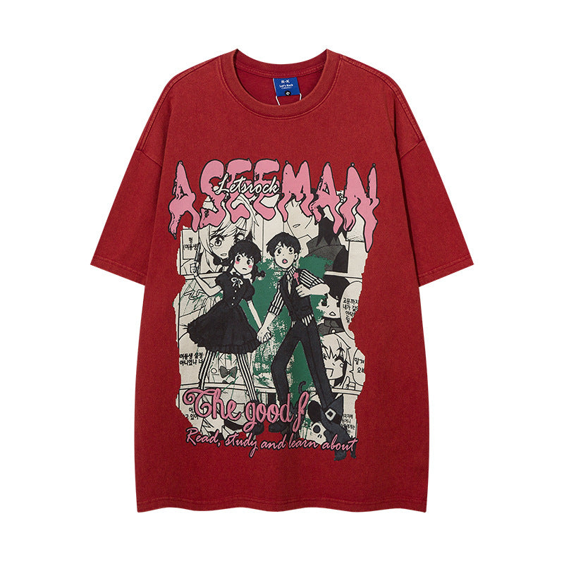 Vintage T Shirts Hip Hop Vintage Cartoon Wash Short Sleeve T-Shirt
