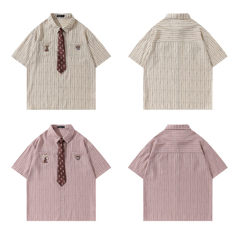 Y2K mens shirt vintage striped tie casual short-sleeved shirt