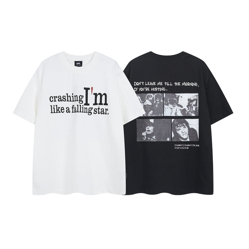 Y2K mens shirt washed retro loose round neck short sleeve T-shirt