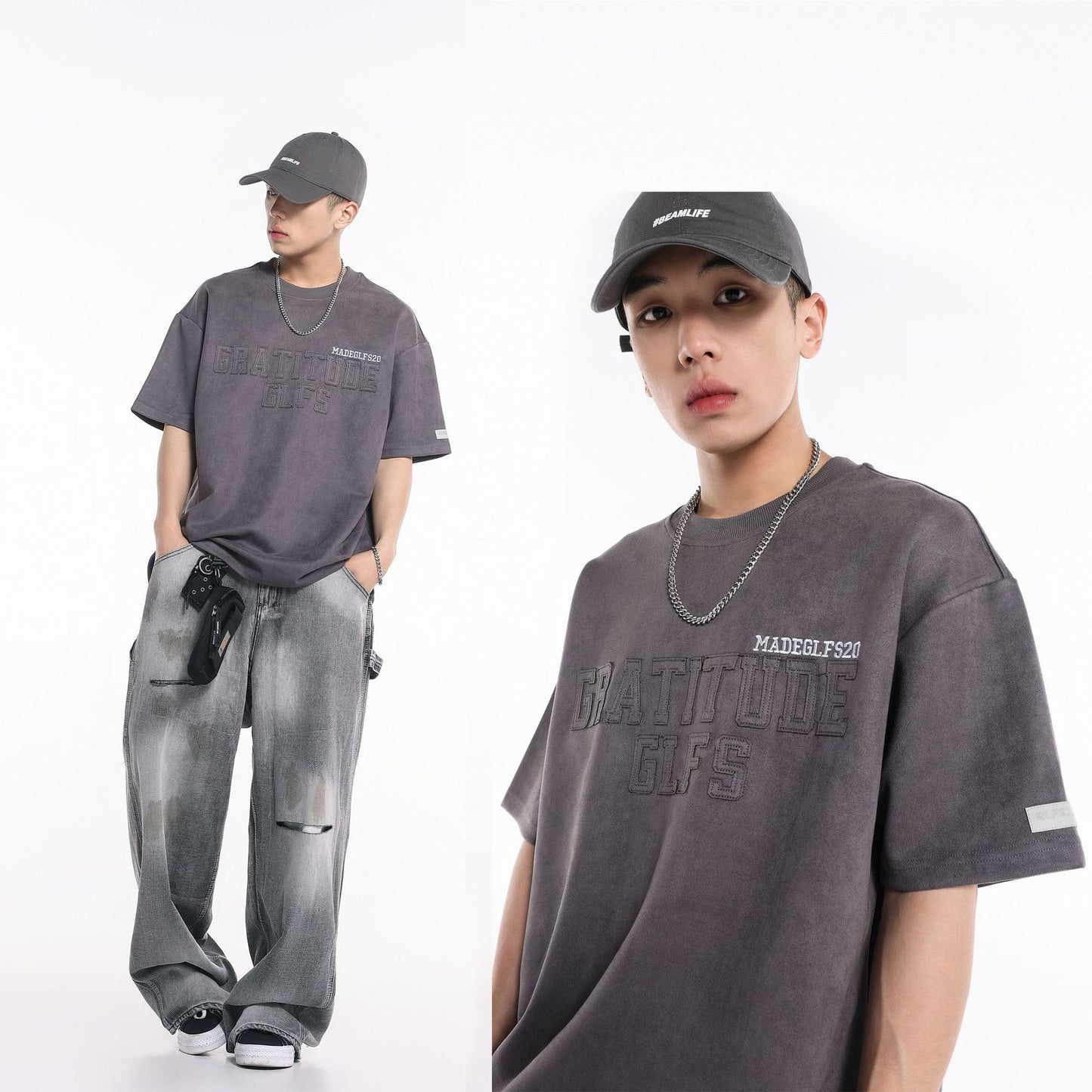 Unisex T-shirts Summer Patch Men's Loose Suede Short Sleeve T-Shirt
