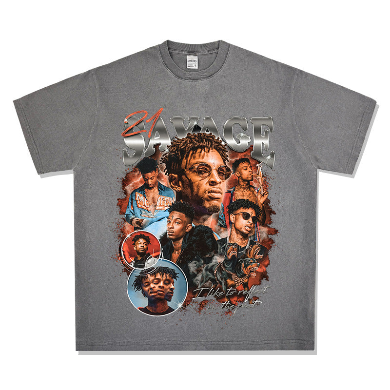 Streetwear masculino vintage 21 Savage print short sleeve hip hop t-shirt