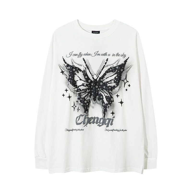 Marcas De Streetwear Autumn Long Sleeve T-Shirt Butterfly Graffiti Print Loose Top
