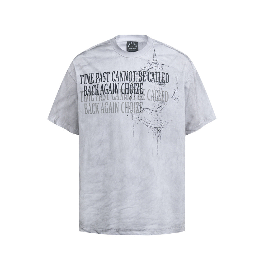 Nostalgia T Shirts Vintage Letter Print Front Shoulder Short Sleeve Loose Casual T-Shirt