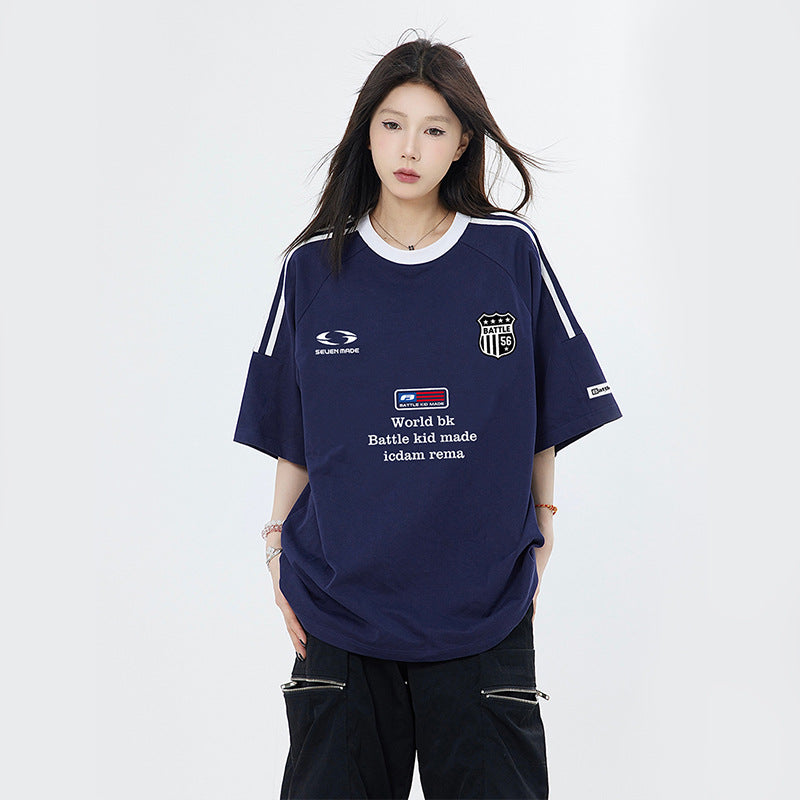 Vintage T Shirts Hip Hop Letter Embroidered Webbing Short Sleeve T-Shirt