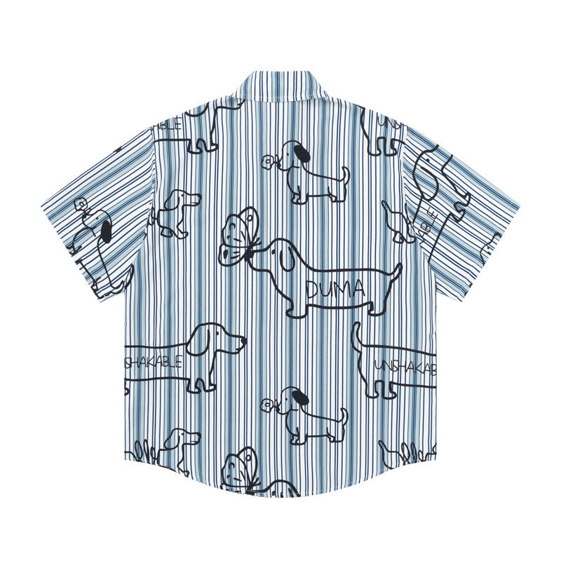 Hip Hop Shirts For Boys Vintage Puppy Print Striped Short Sleeve Shirt