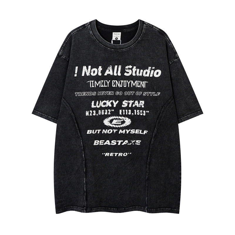 Y2K mens shirt washed splicing alphabet hip hop retro short sleeve t-shirt