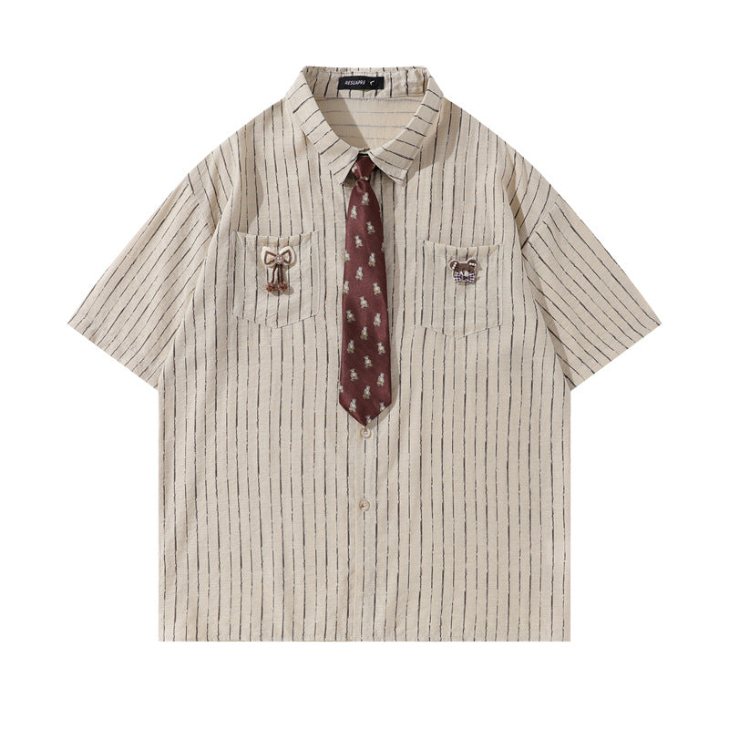 Y2K mens shirt vintage striped tie casual short-sleeved shirt