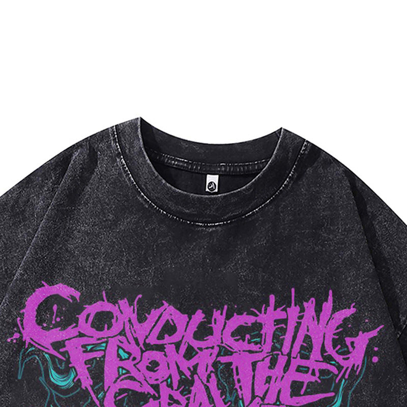 Ropa Vintage Hombre Skull Print Washed Old Oversize Short Sleeve T-Shirt