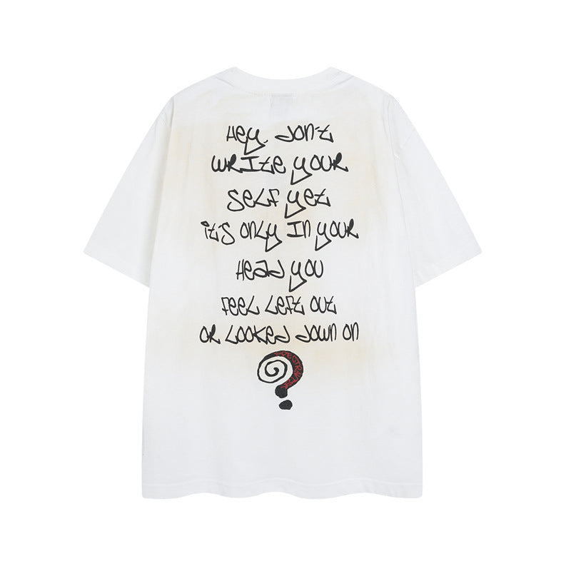 Y2K mens shirt washed loose and old letter question mark printed crew neck T-shirt