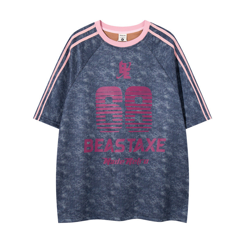 Y2K mens shirt washed network offset printing fuzzy digital T-shirt