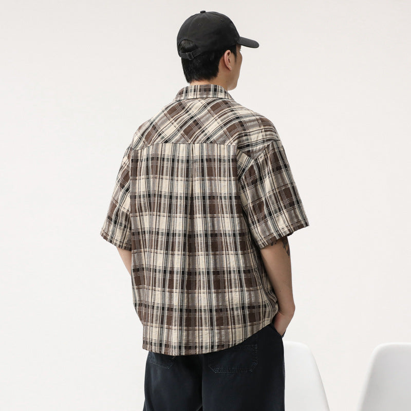 Men T-shirts Vintage Plaid Shirt Short Sleeve Summer Loose