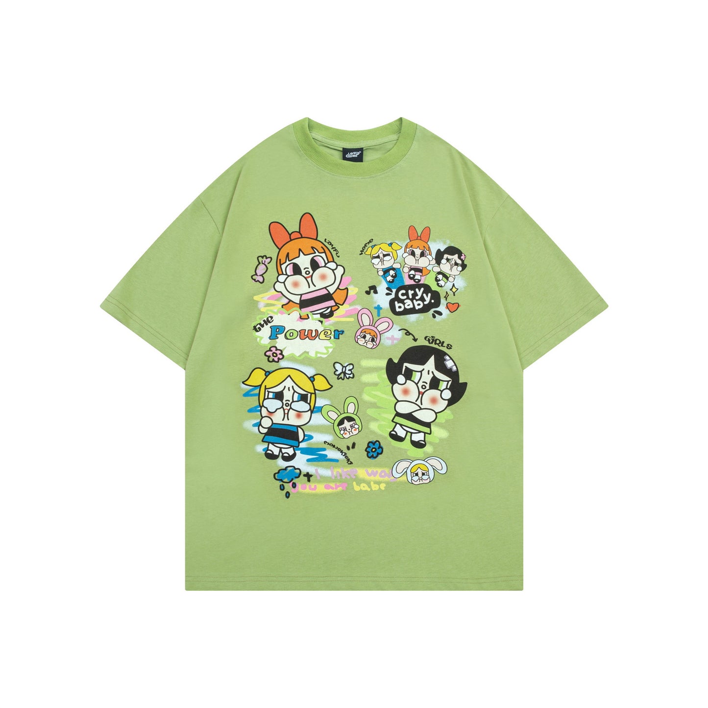 Distorted vintage cartoon flying policewoman print short sleeve t-shirt