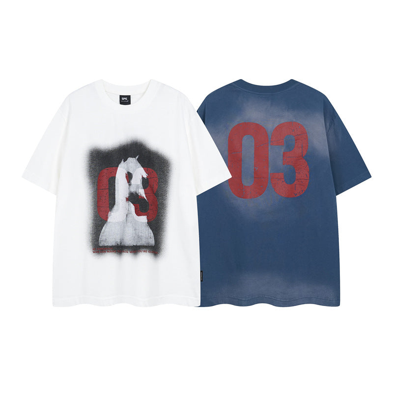 Y2K mens shirt washed tie-dye cartoon round neck short-sleeved T-shirt