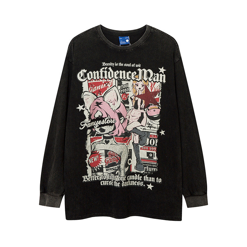 Vintage T Shirts Hip Hop Vintage Cartoon Washed Old Long Sleeve T-Shirt Oversize Loose