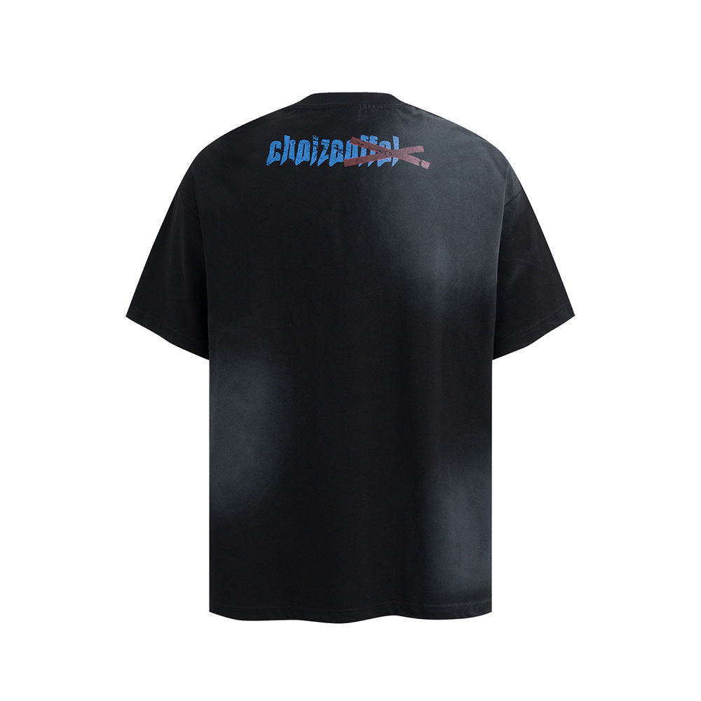 Nostalgia T Shirts Vintage Crew Neck T-Shirt Embroidered Letters Loose Casual