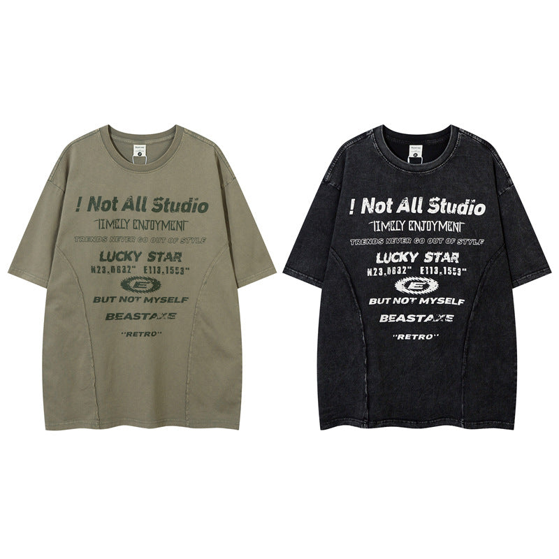 Y2K mens shirt washed splicing alphabet hip hop retro short sleeve t-shirt