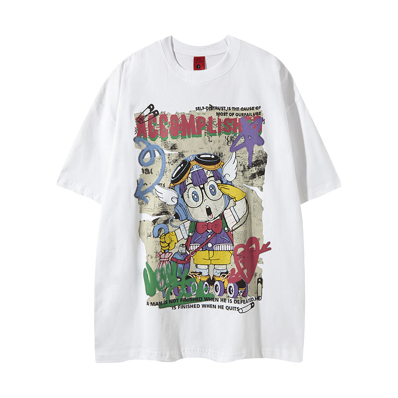 New York Hip Hop Style Cartoon Old Wash Short Sleeve T-Shirt