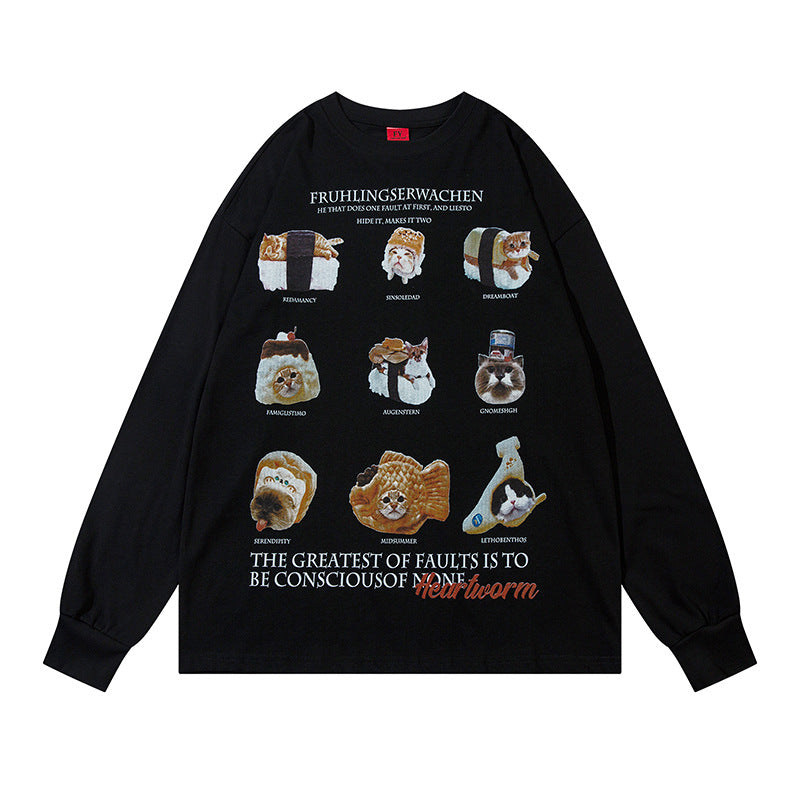 Marcas De Streetwear Vintage Sushi Cat Print Long Sleeve T-Shirt