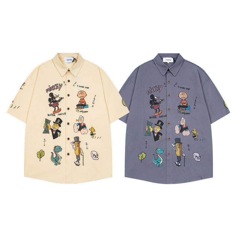 Y2K mens shirt vintage embroidered short-sleeved shirt