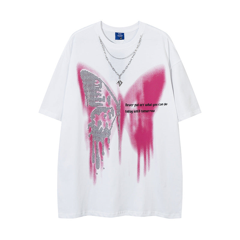 60s Style T Shirts Summer Butterfly Print Necklace T-Shirt Short Sleeve