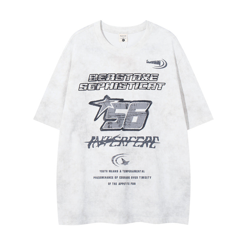 Y2K mens shirt retro washed old letter print T-shirt wide