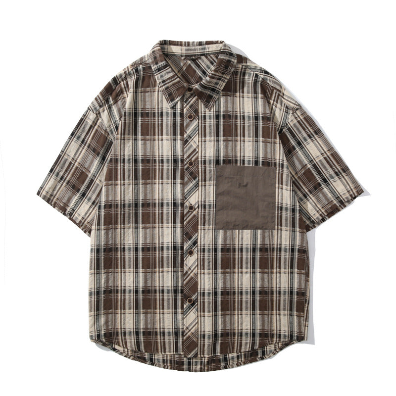 Men T-shirts Vintage Plaid Shirt Short Sleeve Summer Loose