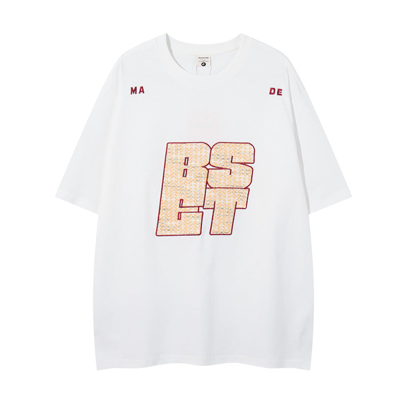 Y2K mens shirt embroidered letter round neck short-sleeved shirt