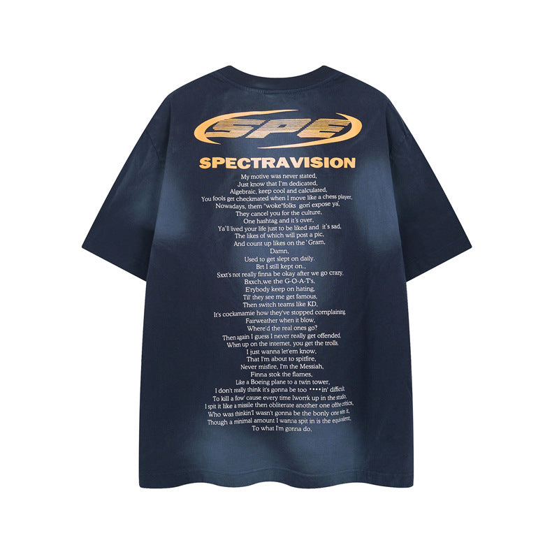 Y2K mens shirt washed tie-dye spray-painted letters hip-hop retro waste crew neck men's short-sleeved T