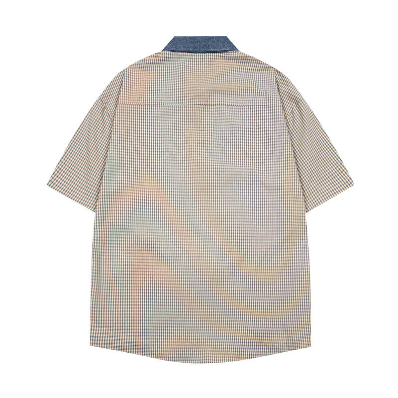 Y2K mens shirt vintage plaid embroidery college style short-sleeved plaid shirt