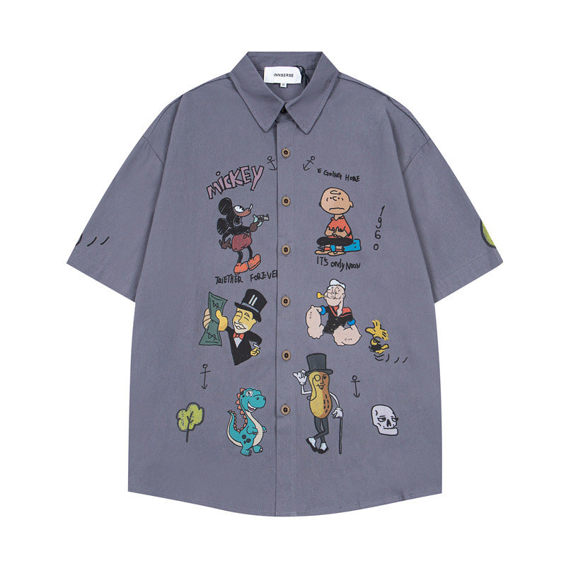 Y2K mens shirt vintage embroidered short-sleeved shirt