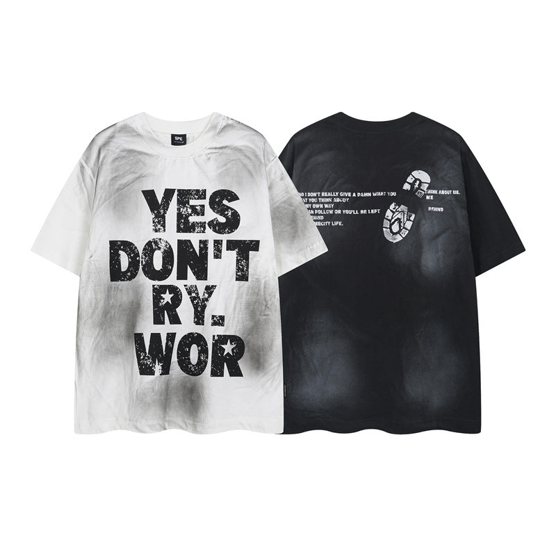 Y2K mens shirt washed tie-dye retro round neck men's short-sleeved T-shirt