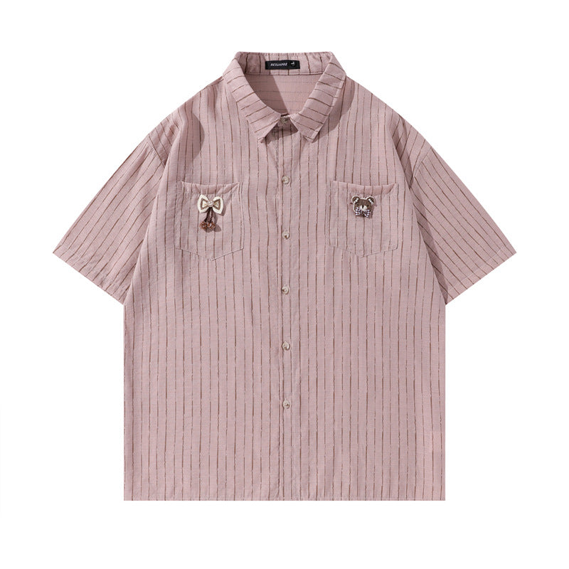 Y2K mens shirt vintage striped tie casual short-sleeved shirt